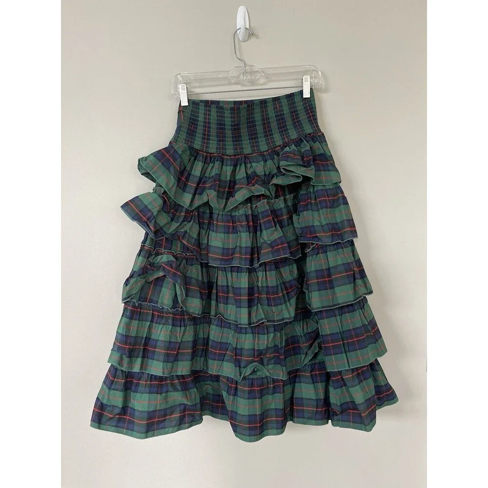 Urban Outfitters Midi Skirt Rainee Tiered Green Plaid Preppy Vacay Small New